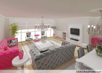 Pembe ve beyaz salon dekorasyonu avangard tasarım