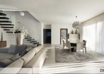 Geniş salonlarda büyük beyaz salon dekorasyonu