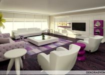 Salon dekorasyonu yaparken beyaz ve mor rengin uyumu