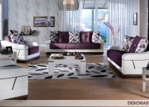 Desenli beyaz mor salon dekorasyonu