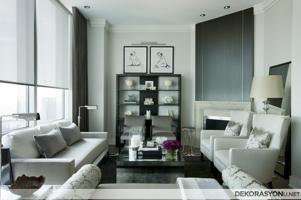 Gri renkli modern görünümlü küçük salon dekorasyonu