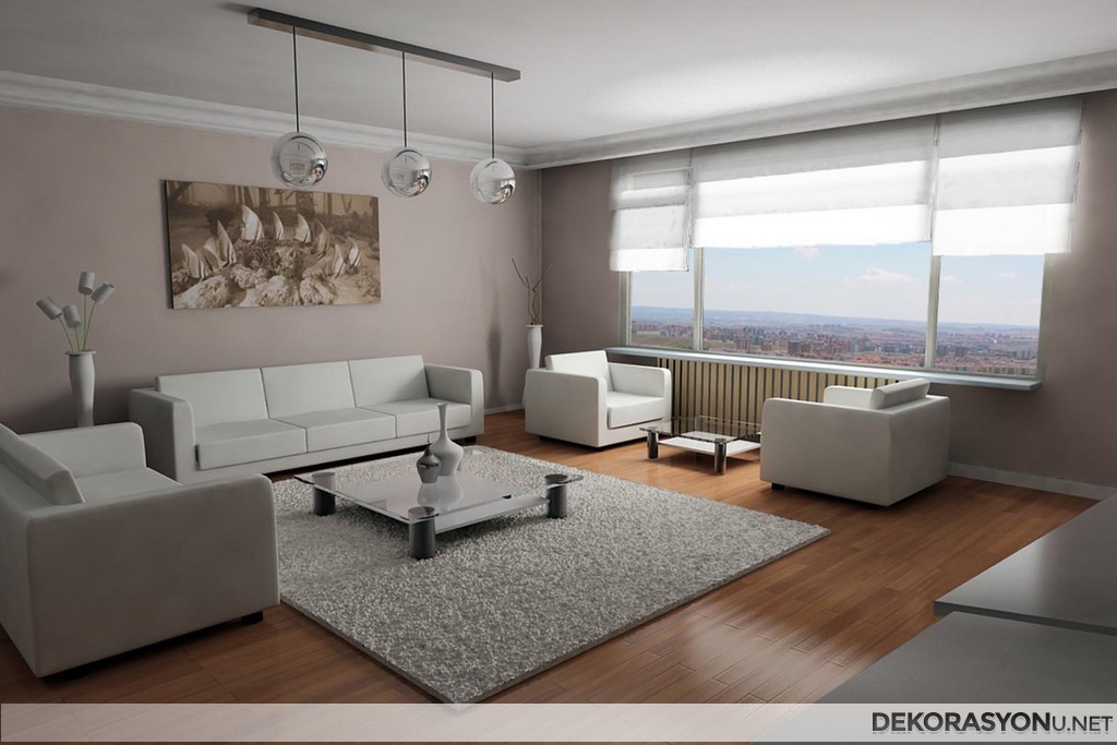 Klasik ve modern çizgilere sahip beyaz renkli salon dekorasyonu
