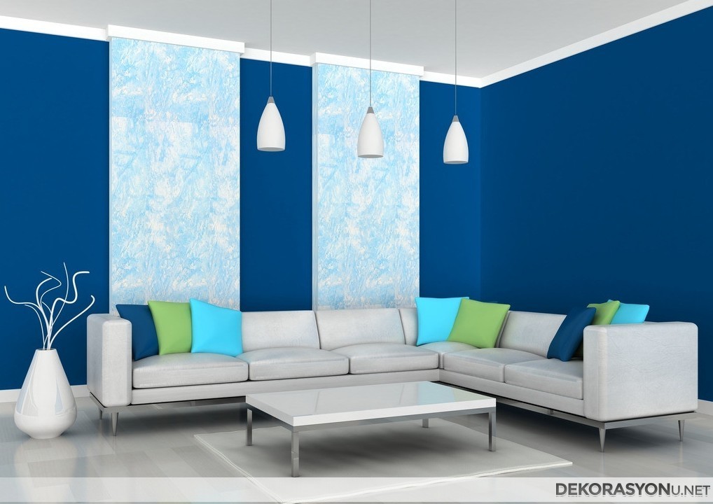 Beyaz mavi sade salon dekorasyonu