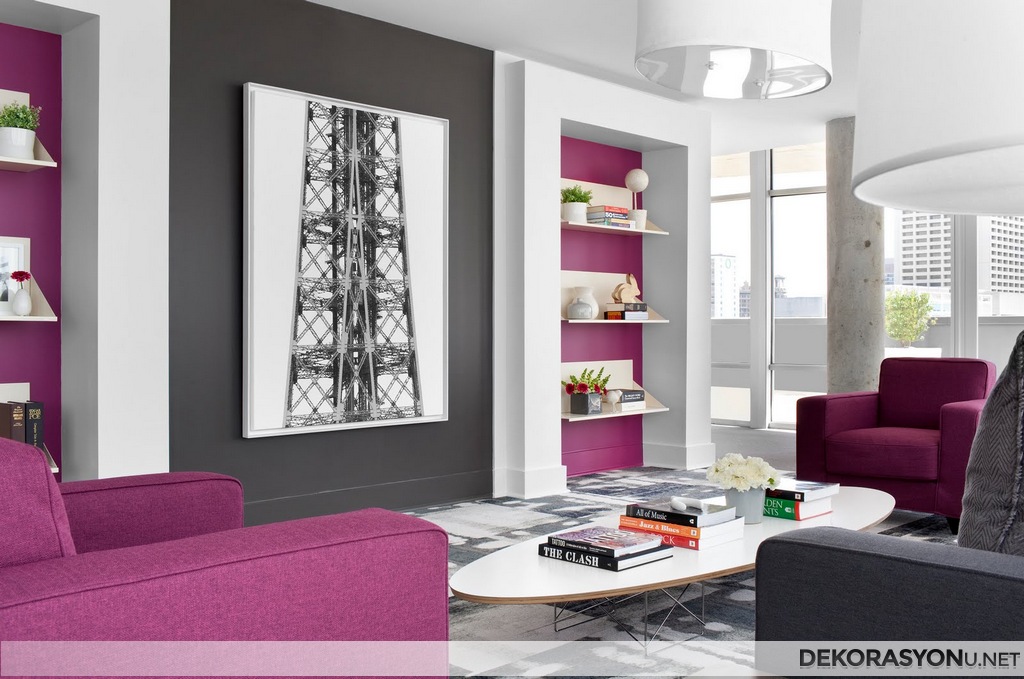 Salon tasarımlarda mor beyaz rengin kullanımı