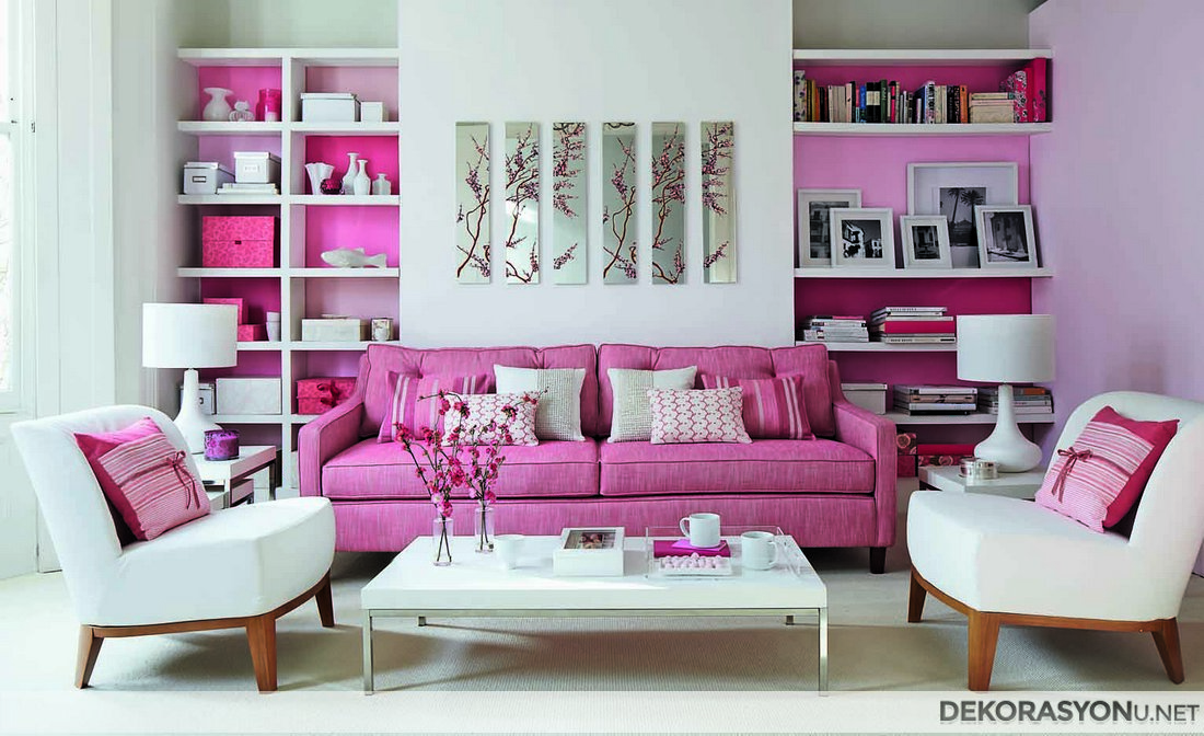 Beyaz pembe sade salon dekorasyon resimleri