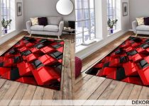 Kırmızı geometrik objelere sahip 3 boyutlu halı modelleri