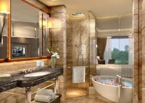 Mermer görünümü ön planda banyo dekorasyonu