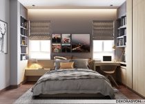 Minimalist şekilde dizayn edilmiş gri yatak odası tasarımı