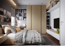 Minimalist dizayna sahip gri yatak odası resimleri