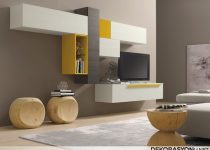Sarı renkli modern şekillere sahip tv ünitesi