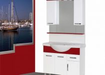Kırmızı beyaz küçük banyo dolabı modeli